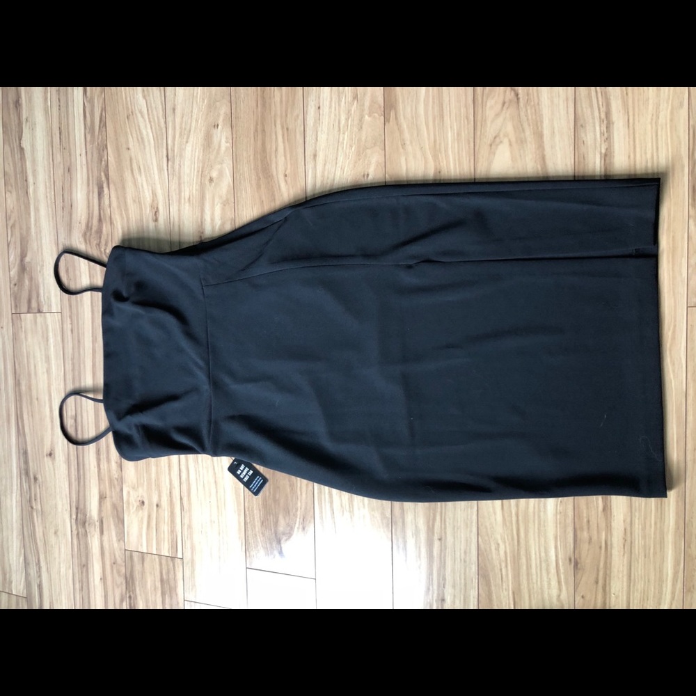 Express spaghetti strip midi black dress with slit
